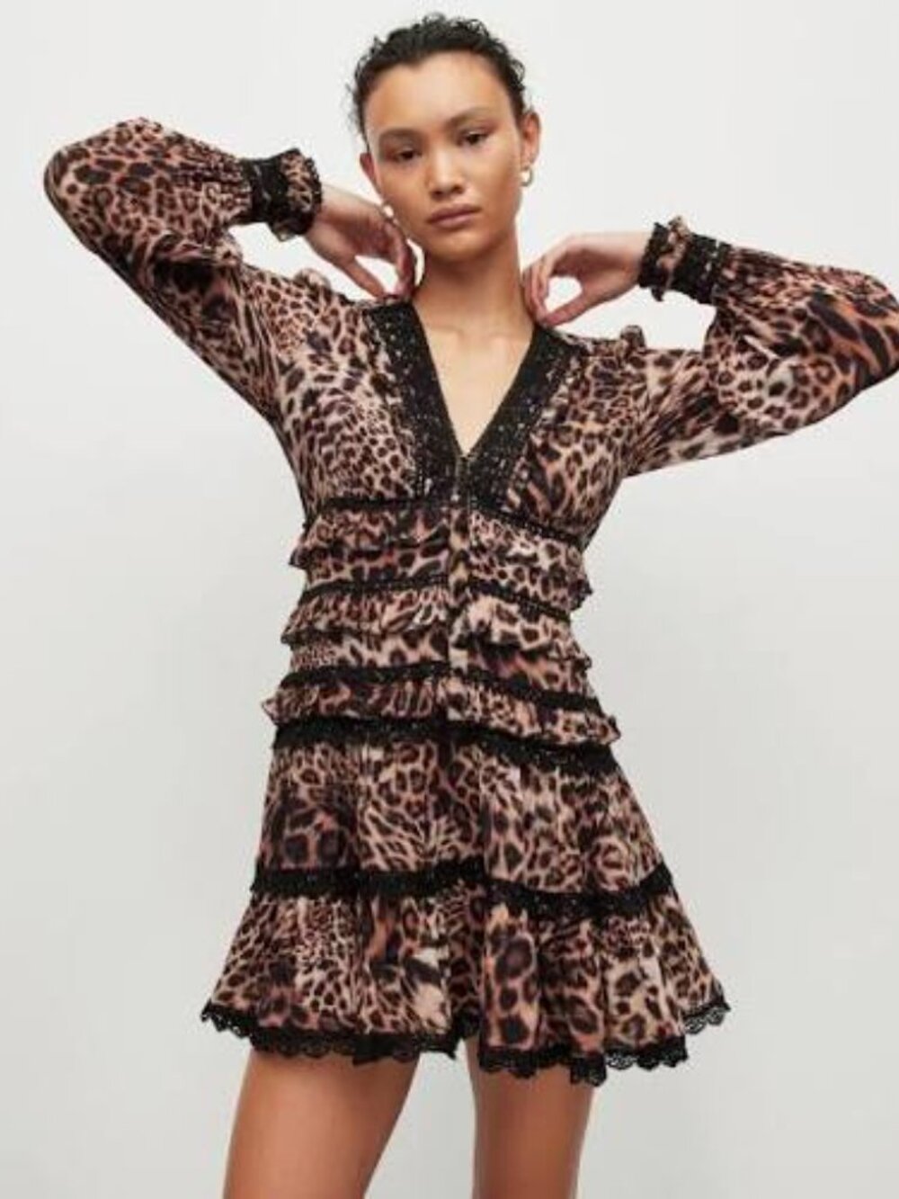 NWT All Saints Zora Evita Dress Leopard Print Ruffle Mini Dress Size 0